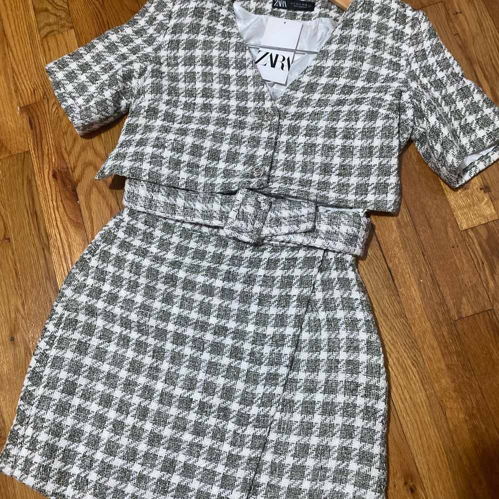 Zara Black and White Houndstooth Dress with Belt